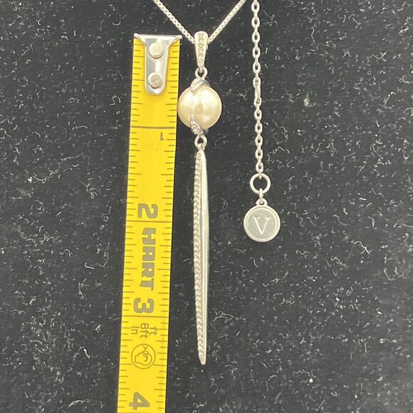 Vince Camuto Silver Tone Faux Pearl Dagger Long Rhinestone Pendant Necklace 28” - Picture 3 of 3
